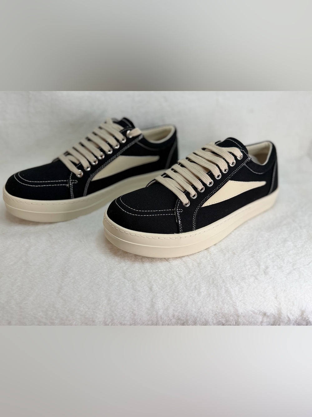 Rick Owens Black Canvas Sneakers with Cream Accents